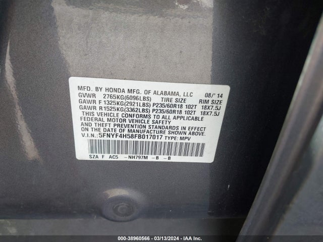 Honda Pilot Ex-l 2015 5FNYF4H58FB017017 Image 9