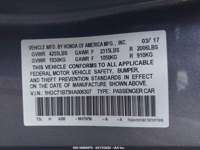 Honda ACCORD EX 2017 1HGCT1B75HA006307 Image 9
