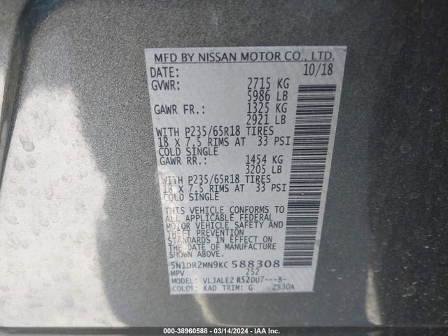 Nissan Pathfinder Sv 2019 5N1DR2MN9KC588308 Image 9