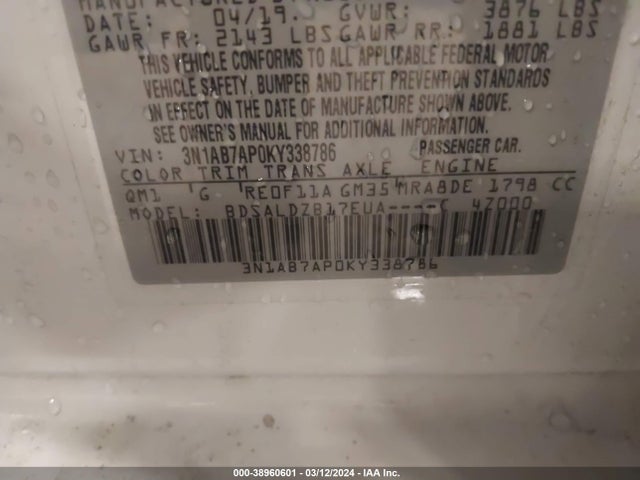 Nissan SENTRA SV 2019 3N1AB7AP0KY338786 Image 9