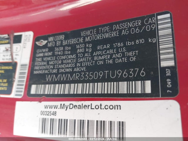 2009 MINI COOPER WMWMR33509TU96376 Photo 8