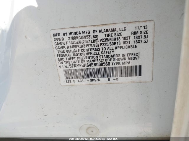 Honda Pilot Ex-l 2014 5FNYF3H64EB008560 Image 9