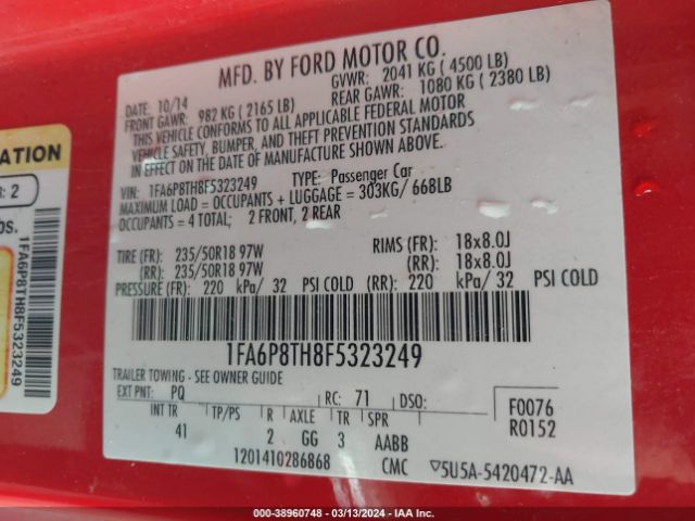 1FA6P8TH8F5323249 Ford Mustang Ecoboost