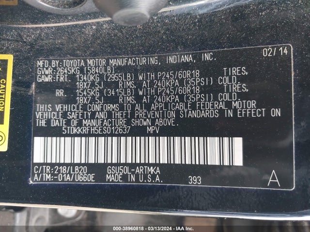 Toyota Highlander Xle V6 2014 5TDKKRFH5ES012637 Image 9