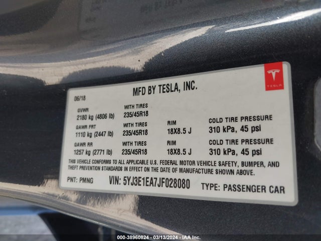 5YJ3E1EA7JF028080 Tesla Model 3 Long Range/mid Range