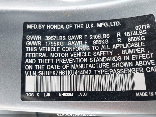 Honda CIVIC EX 2019 SHHFK7H61KU414042 Image 9