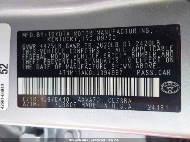 Toyota CAMRY SE 2020 4T1M11AK0LU394967 Image 9