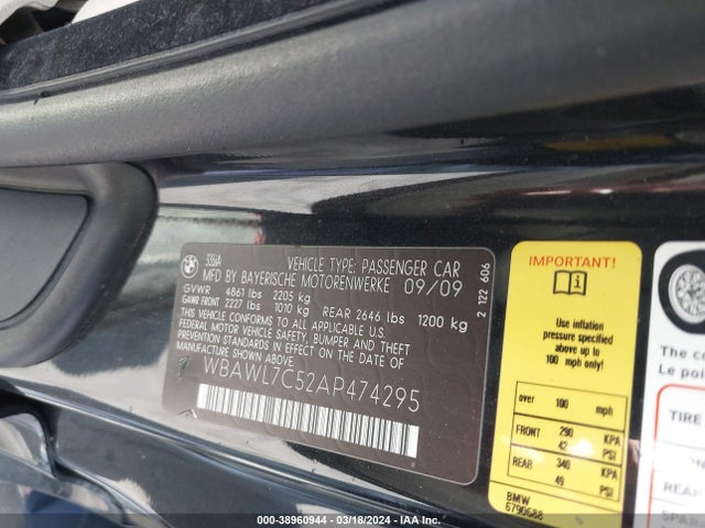 38960944 :رقم المزاد ، WBAWL7C52AP474295 vin ، 2010 Bmw 335i مزاد بيع