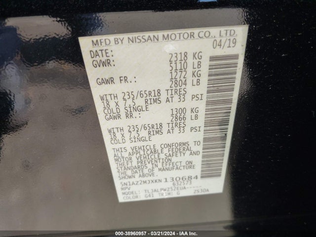 Nissan MURANO S 2019 5N1AZ2MJXKN130684 Image 9