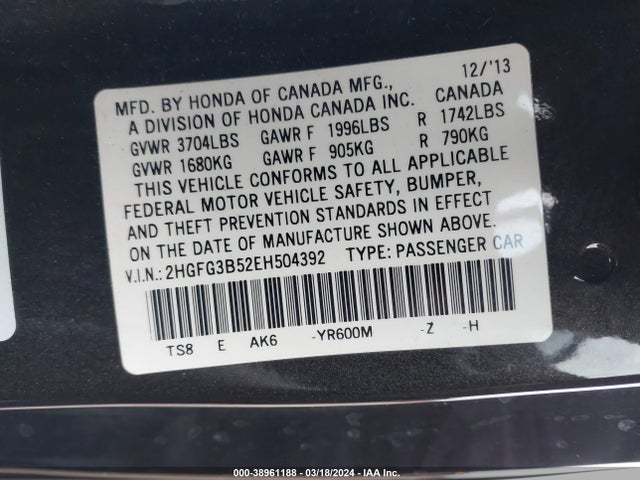 Honda Civic Lx 2014 2HGFG3B52EH504392 Image 9