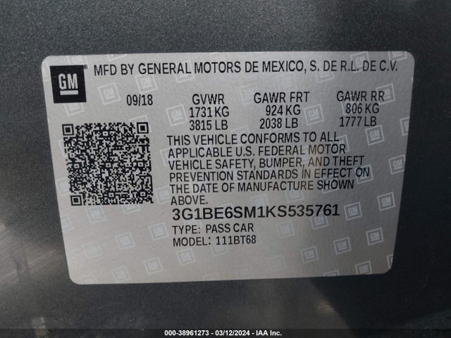 Chevrolet CRUZE LT 2019 3G1BE6SM1KS535761 Image 9