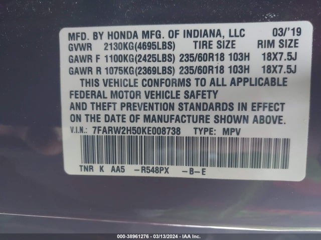 Honda CR-V EX 2019 7FARW2H50KE008738 Image 9