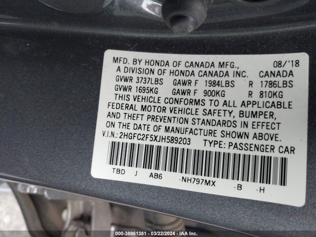 Honda Civic Lx 2018 2HGFC2F5XJH589203 Image 9