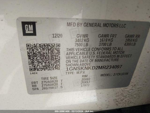1GNSKNKD2MR234097 Chevrolet Tahoe 4wd Lt