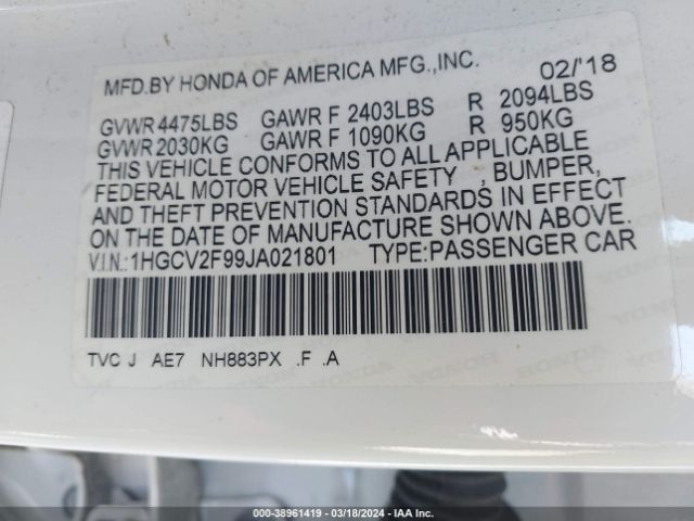 1HGCV2F99JA021801 Honda Accord Touring 2.0t