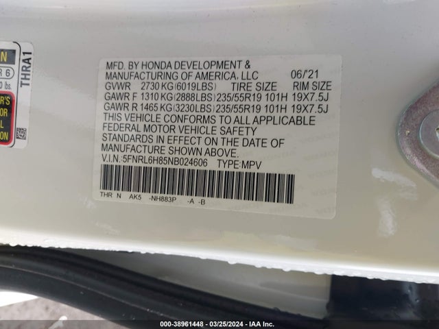 Honda Odyssey Touring 2022 5FNRL6H85NB024606 Image 9