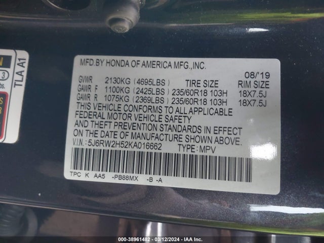 Honda CR-V EX 2019 5J6RW2H52KA016662 Image 9