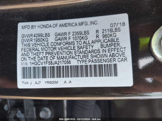 1HGCV1F58JA217056 Honda Accord Ex-l