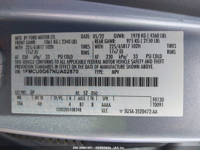 Ford ESCAPE SE 2022 1FMCU0G67NUA02870 Image 9