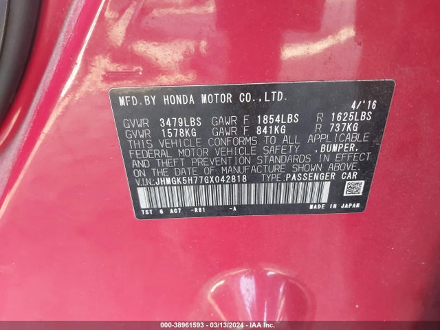 Honda FIT EX 2016 JHMGK5H77GX042818 Image 9