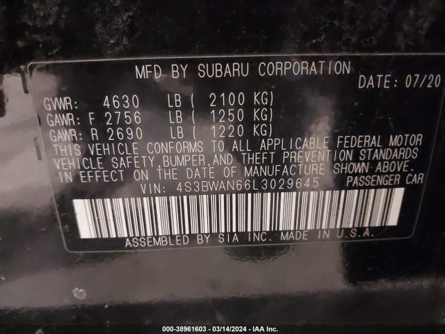 4S3BWAN66L3029645 Subaru Legacy Limited