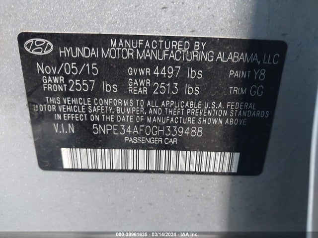 38961635 :رقم المزاد ، 5NPE34AF0GH339488 vin ، 2016 Hyundai Sonata Sport مزاد بيع