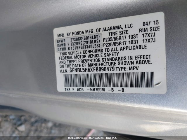 Honda Odyssey Ex-l 2015 5FNRL5H6XFB090479 Image 9
