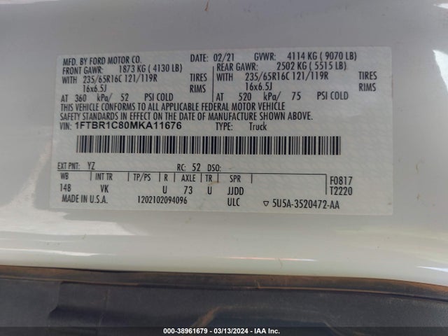 Ford Transit-250 2021 1FTBR1C80MKA11676 Image 9