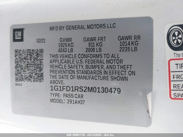 Chevrolet Camaro Rwd  2lt 2021 1G1FD1RS2M0130479 Image 9