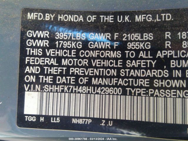 SHHFK7H48HU429600 Honda Civic Sport