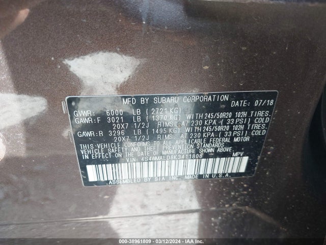 Subaru Ascent Limited 2019 4S4WMALD8K3411808 Image 9