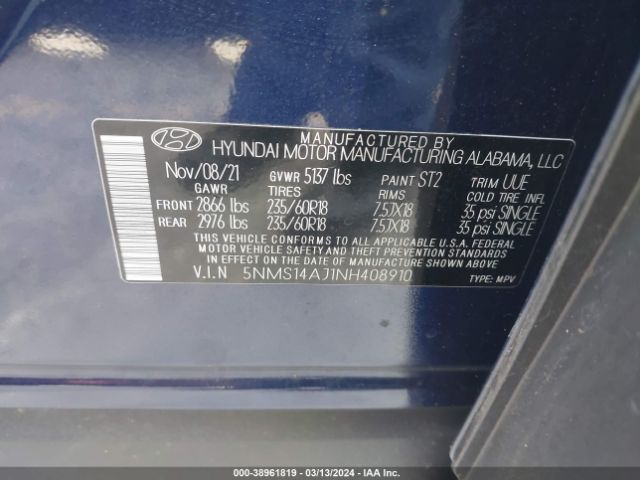 5NMS14AJ1NH408910 Hyundai Santa Fe Se
