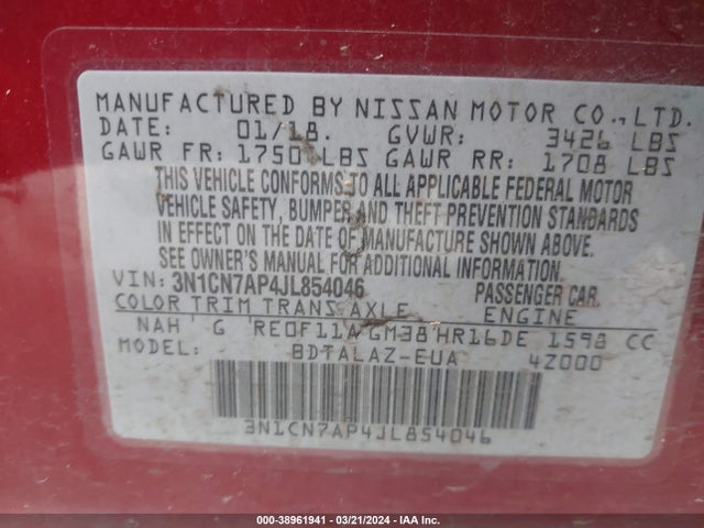 Nissan Versa 1.6 S+ 2018 3N1CN7AP4JL854046 Image 9