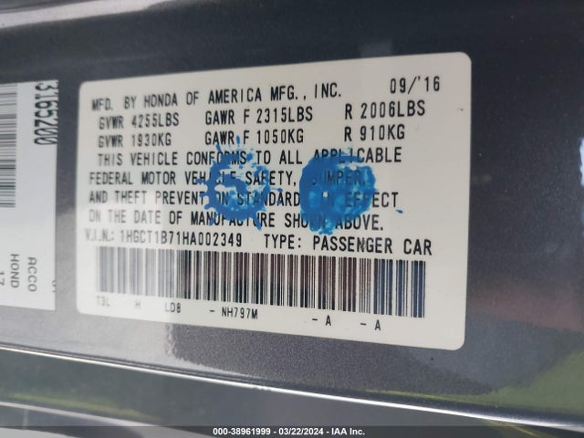 Honda ACCORD EX 2017 1HGCT1B71HA002349 Image 9