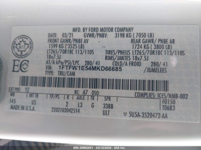 1FTFW1E54MKD66685 Ford F-150 Xlt