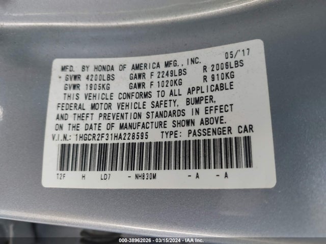 Honda ACCORD LX 2017 1HGCR2F31HA228595 Image 9