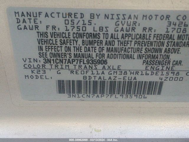 3N1CN7AP7FL935906 Nissan Versa 1.6 S+