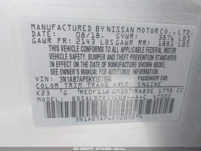 Nissan SENTRA SV 2019 3N1AB7AP6KY207894 Image 9