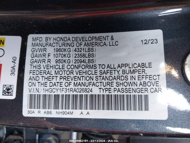 Honda ACCORD EX 2024 1HGCY1F31RA026824 Image 9