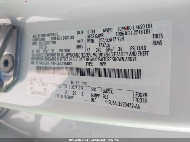 Ford ESCAPE S 2015 1FMCU0F74FUA79482 Image 9