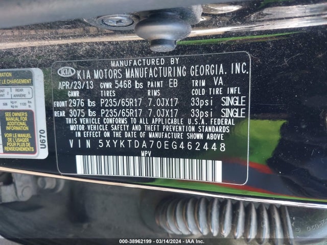 KIA Sorento Lx V6 2014 5XYKTDA70EG462448 Image 9