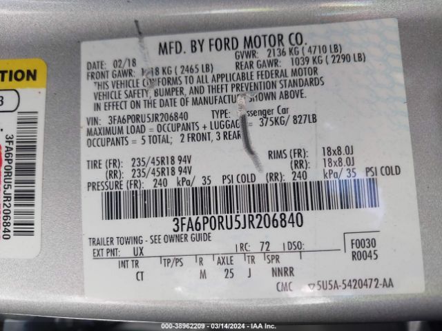 3FA6P0RU5JR206840 Ford Fusion Hybrid Titanium