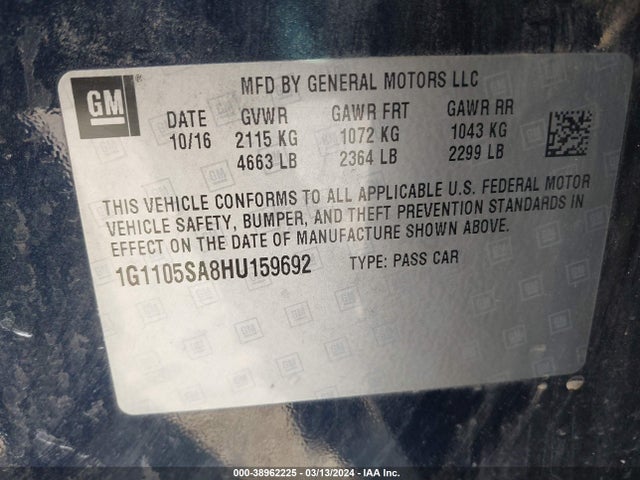 Chevrolet IMPALA LT 2017 1G1105SA8HU159692 Image 9