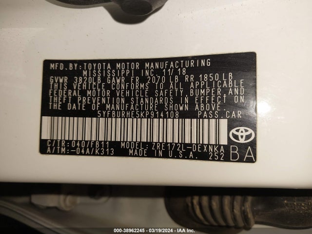 Toyota COROLLA LE 2019 5YFBURHE5KP914108 Image 9