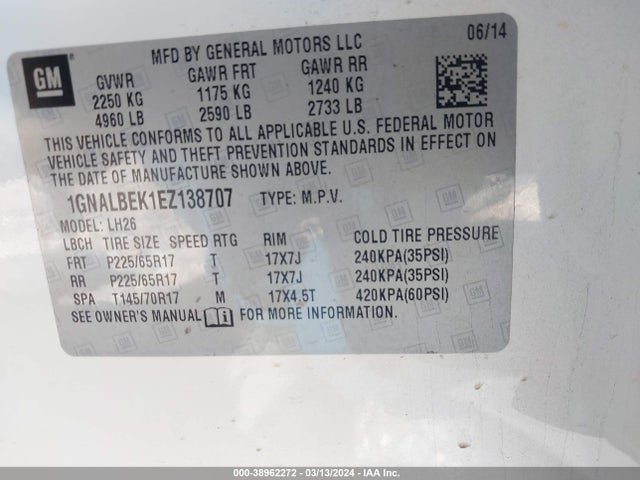 Chevrolet EQUINOX 1LT 2014 1GNALBEK1EZ138707 Image 9