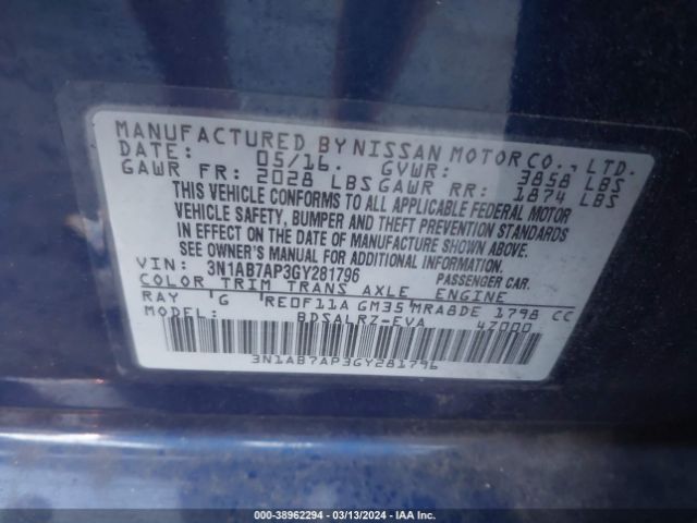 3N1AB7AP3GY281796 Nissan Sentra Fe+ S/s/sl/sr/sv
