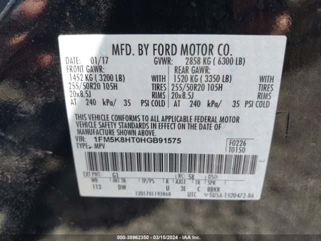 1FM5K8HT0HGB91575 Ford Explorer Platinum