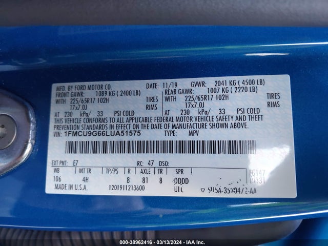 Ford ESCAPE SE 2020 1FMCU9G66LUA51575 Image 9