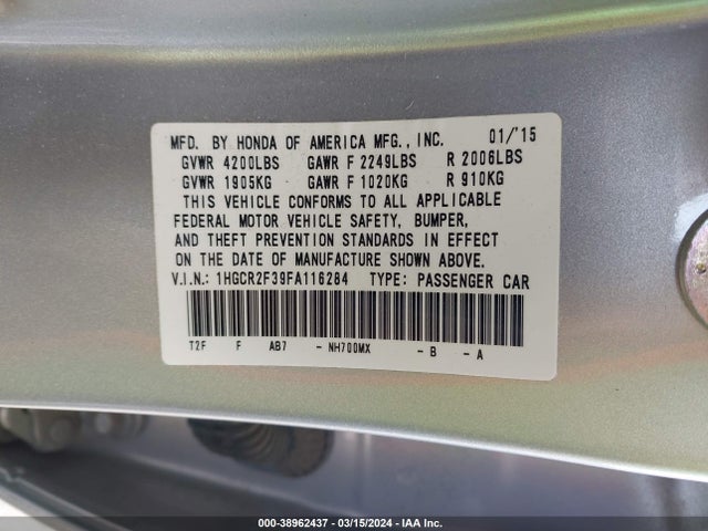 Honda ACCORD LX 2015 1HGCR2F39FA116284 Image 9