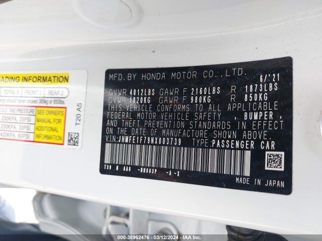 Honda CIVIC EX 2022 JHMFE1F79NX003739 Image 9